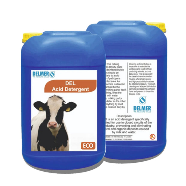 Product image of Del Acid Eco, an environmentally friendly acid-based cleaning solution for dairy farms