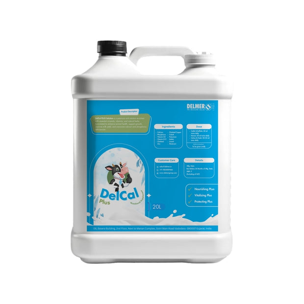Cover image of DelCal Plus brochure showcasing a calcium supplement product for dairy cattle, with visuals of healthy cows, product packaging, and farm background